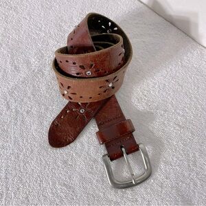 Vintage 90s Brown Leather Laser Cut Flower Belt